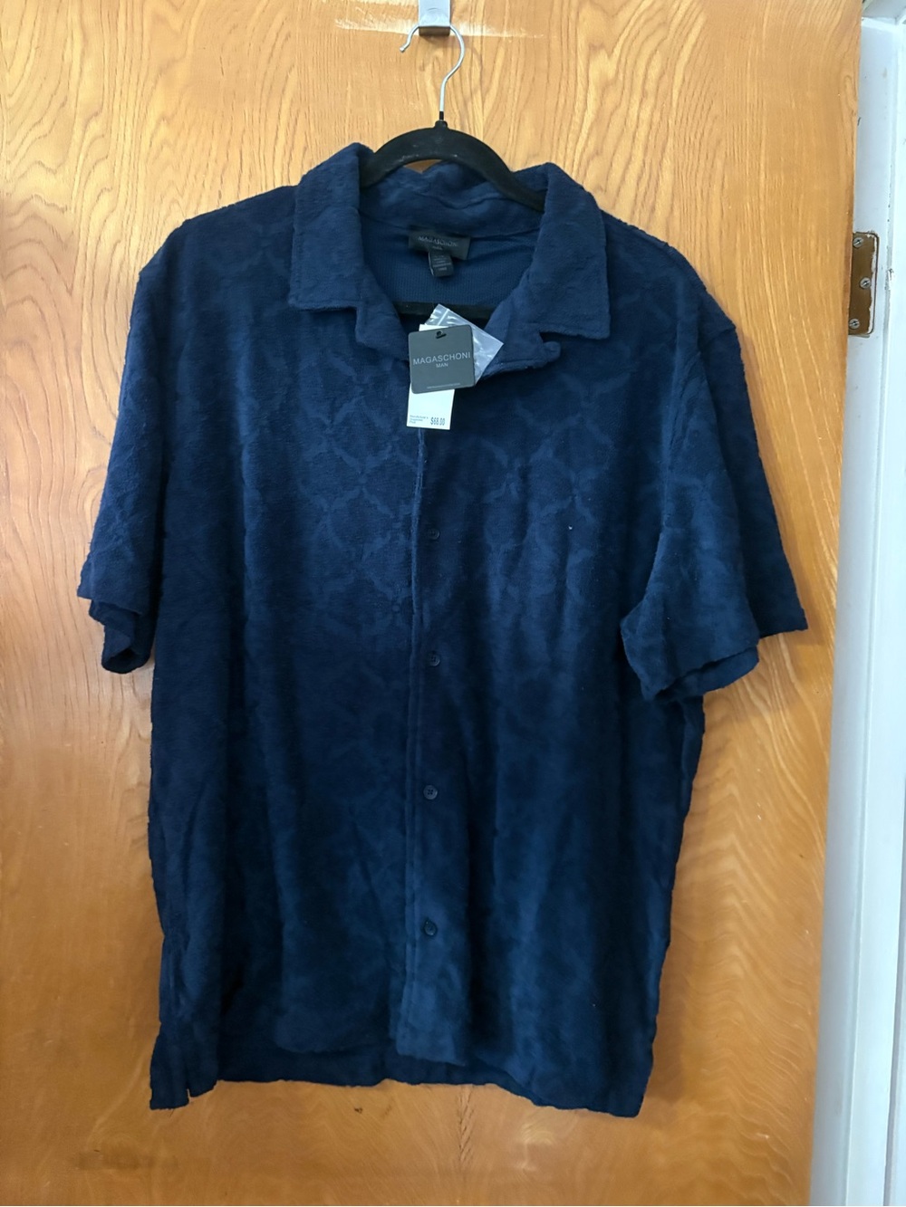 Magaschoni Navy Short-Sleeve Button-Front Terry Casual Shirt L